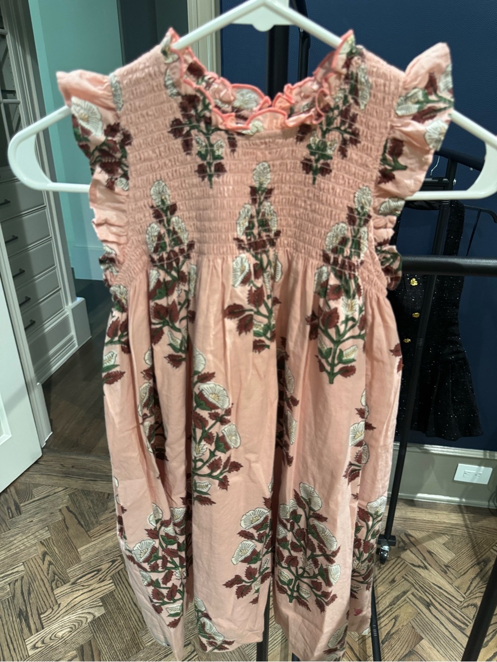 Pink Chicken Peach-Pink Floral Smocked Cotton Dress - Pink, Green, Brown